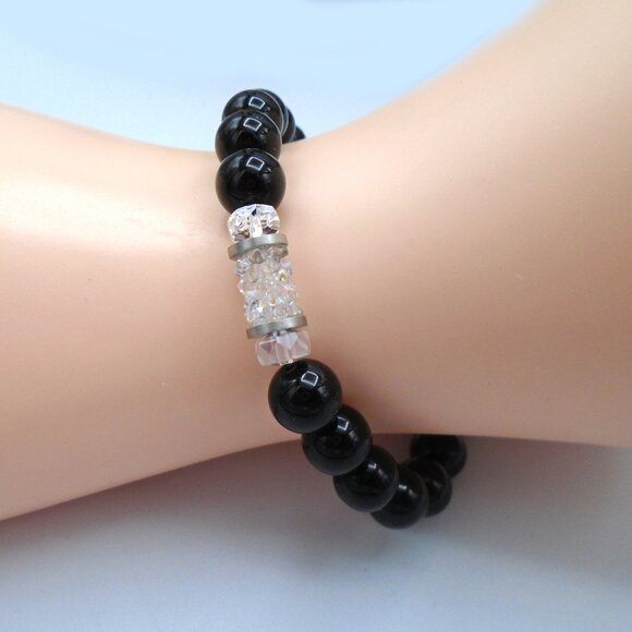 NWT ~ BLACK ONYX and ROCK CRYSTALS Stretch Bracelet - Picture 4 of 5